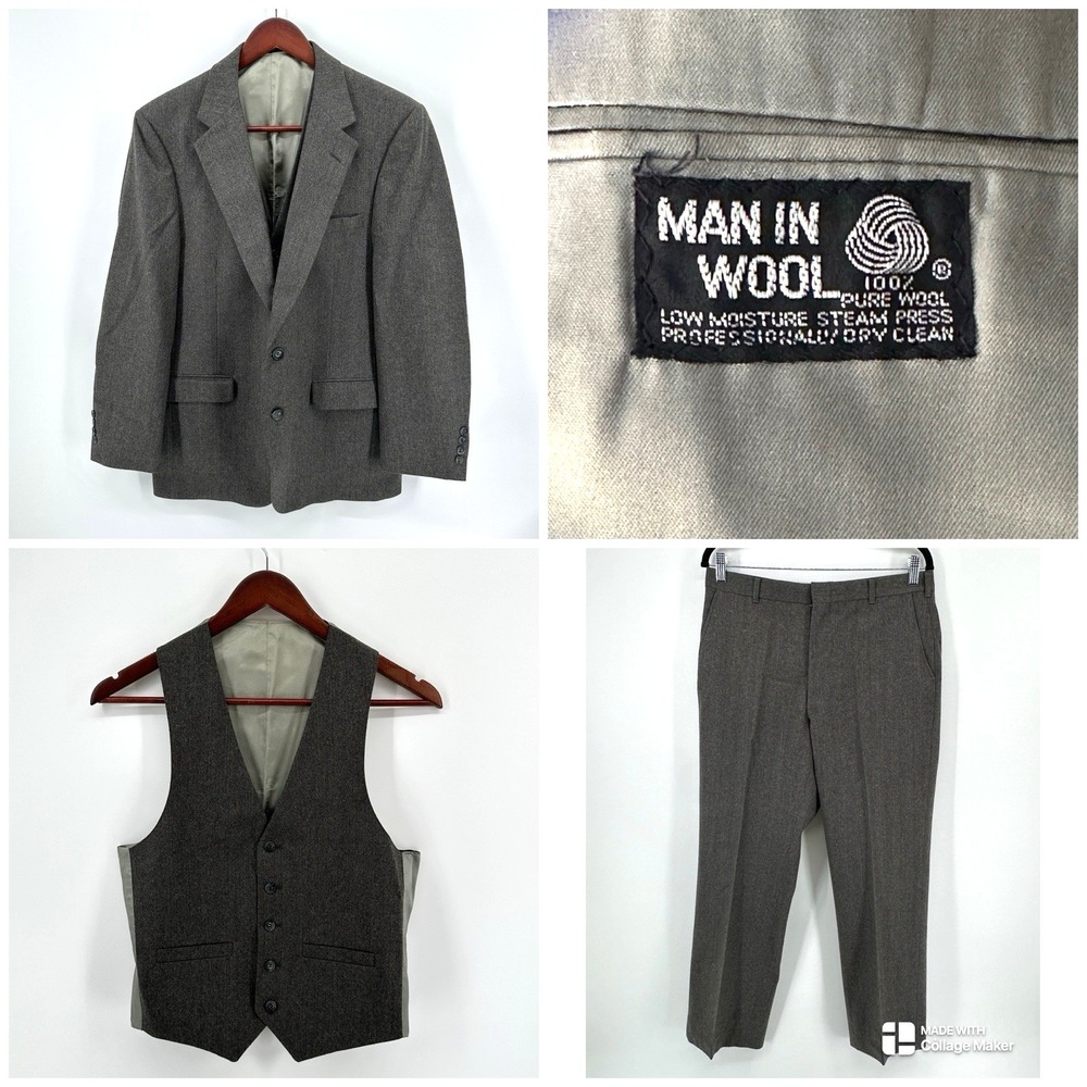Man In Wool 3-Piece Wool Suit Gray Size  42R 32X39.5 Business Wedding